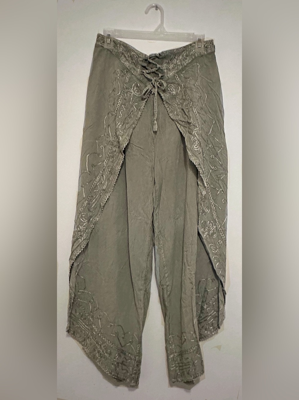 Olive Embroidered Draped Wrap Pants